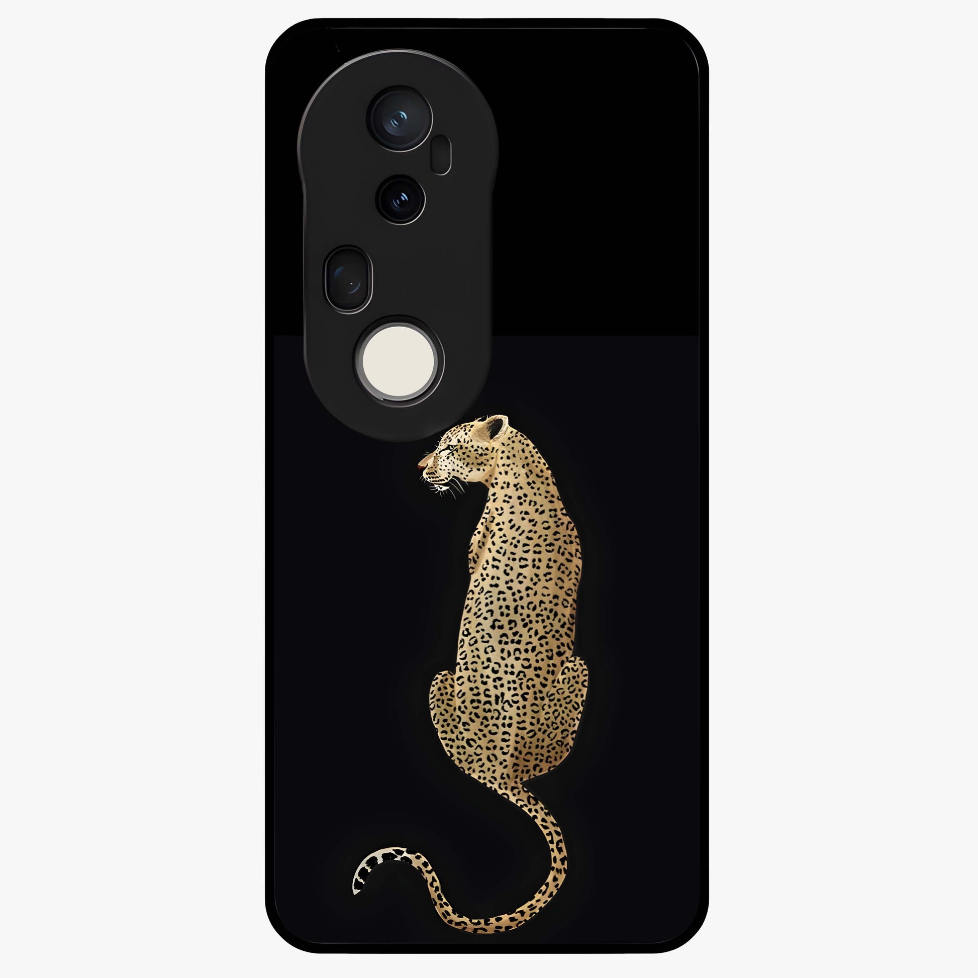 Regal Leopard Glass Case showing flat back view with bold leopard artwork and glossy glass finish.