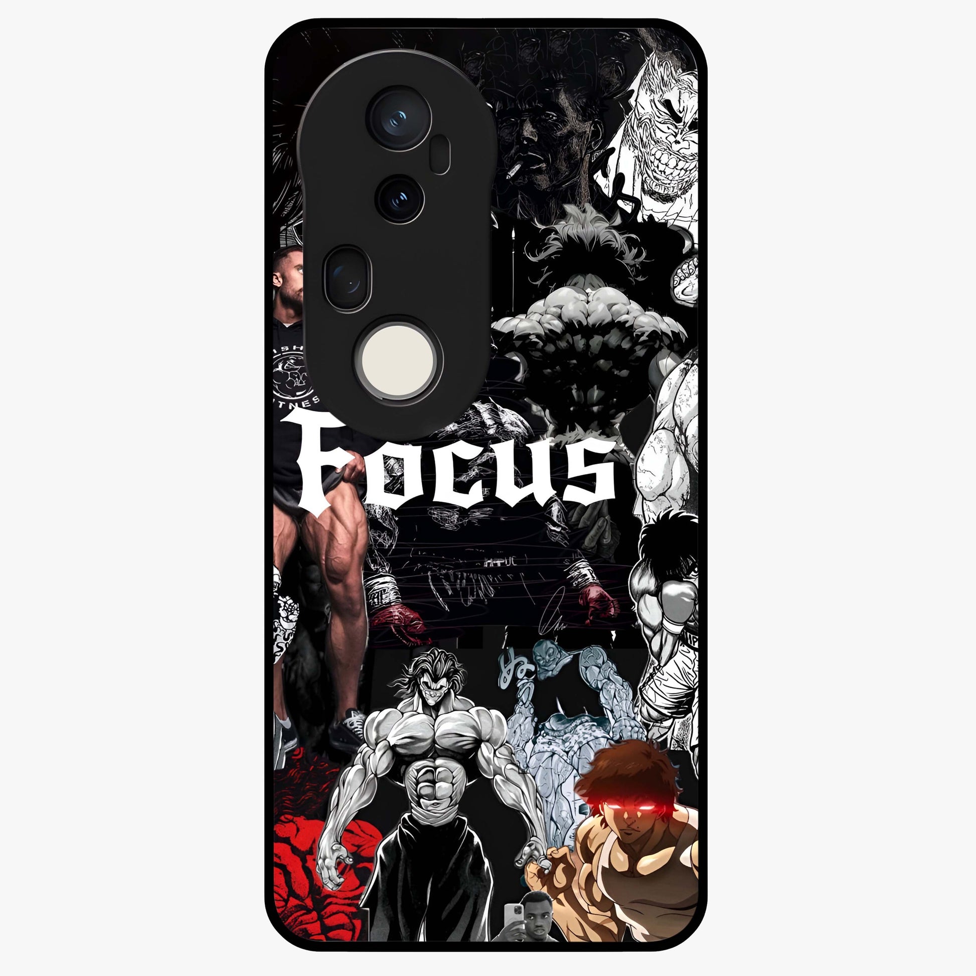 Relentless Power Focus Glass Case showing flat back view with motivational typography artwork and glossy glass finish.