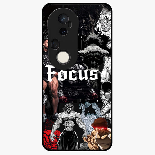 Relentless Power Focus Glass Case showing flat back view with motivational typography artwork and glossy glass finish.