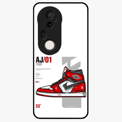 Retro Sneaker Blueprint Glass Case showing flat back view with sneaker blueprint style artwork and glossy glass finish.