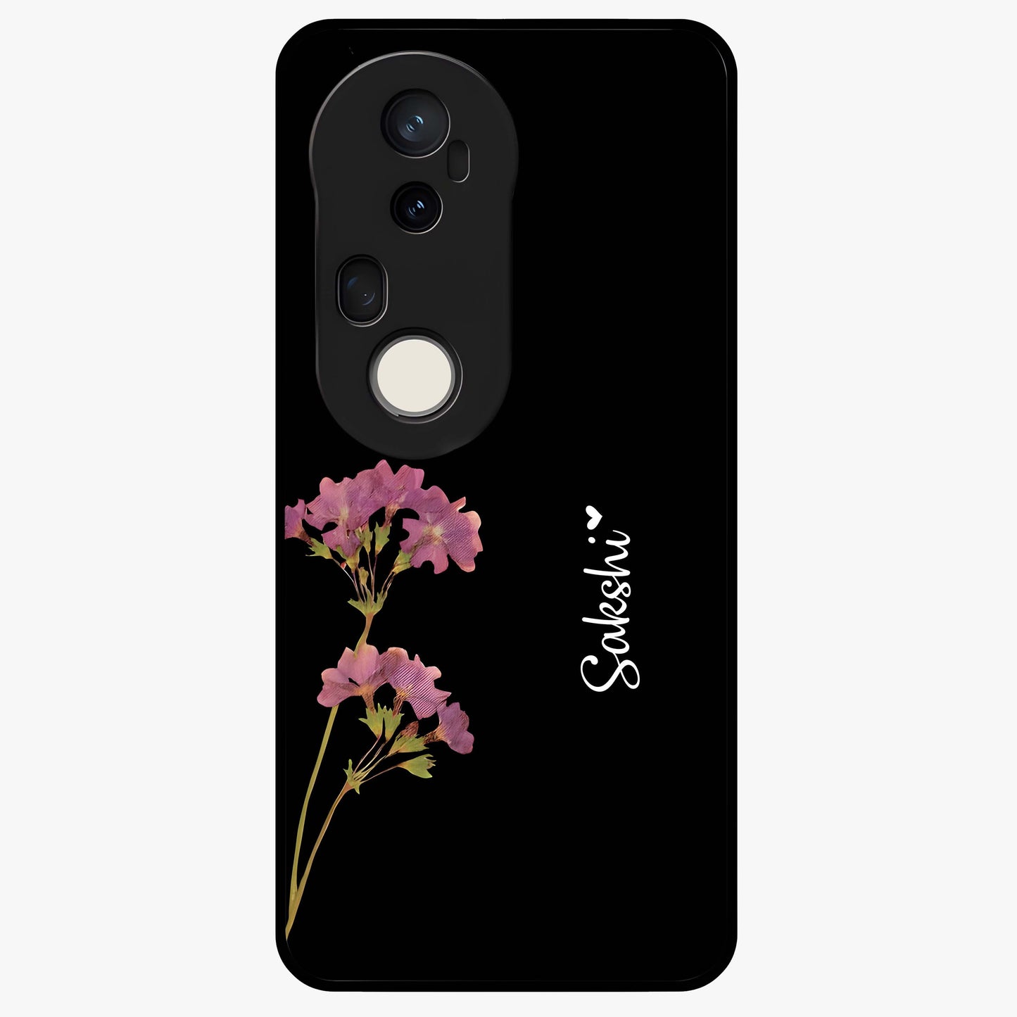 Riching Lavender Flower Custom Name Glass Case showing flat back view with lavender floral artwork and personalized name design.