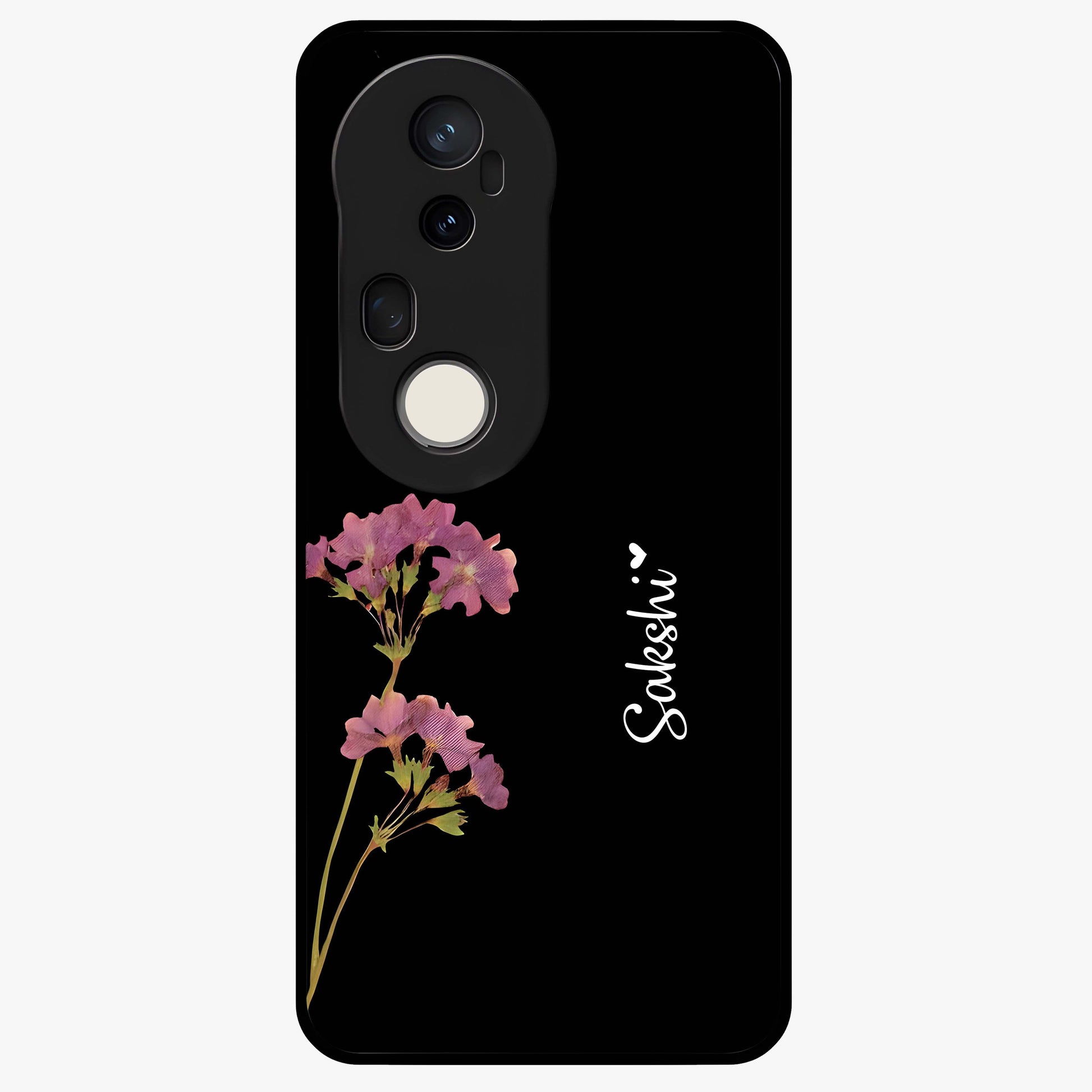 Riching Lavender Flower Custom Name Glass Case showing flat back view with lavender floral artwork and personalized name design.