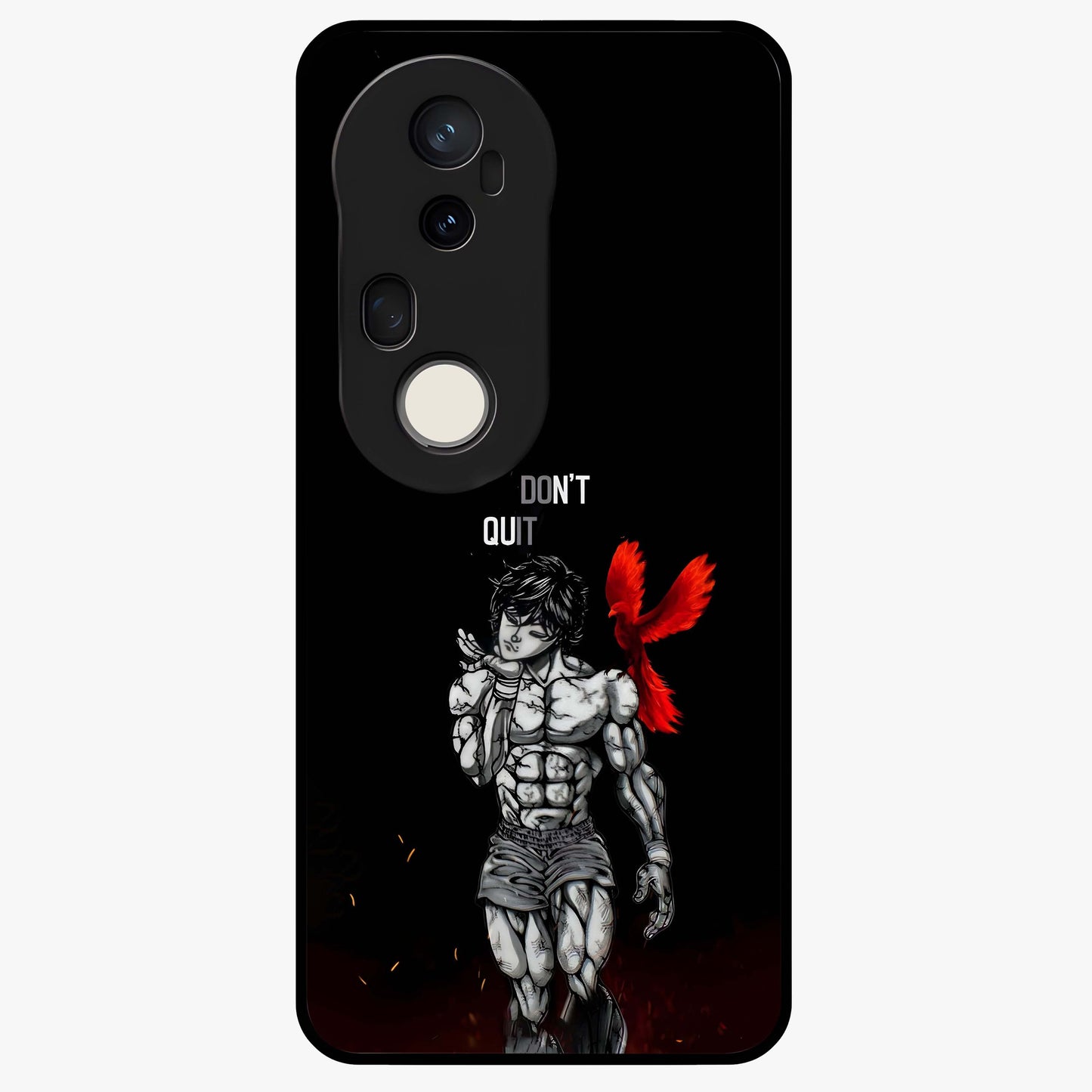 Rise Beyond Limits Glass Case showing flat back view with motivational typography artwork and glossy glass finish.
