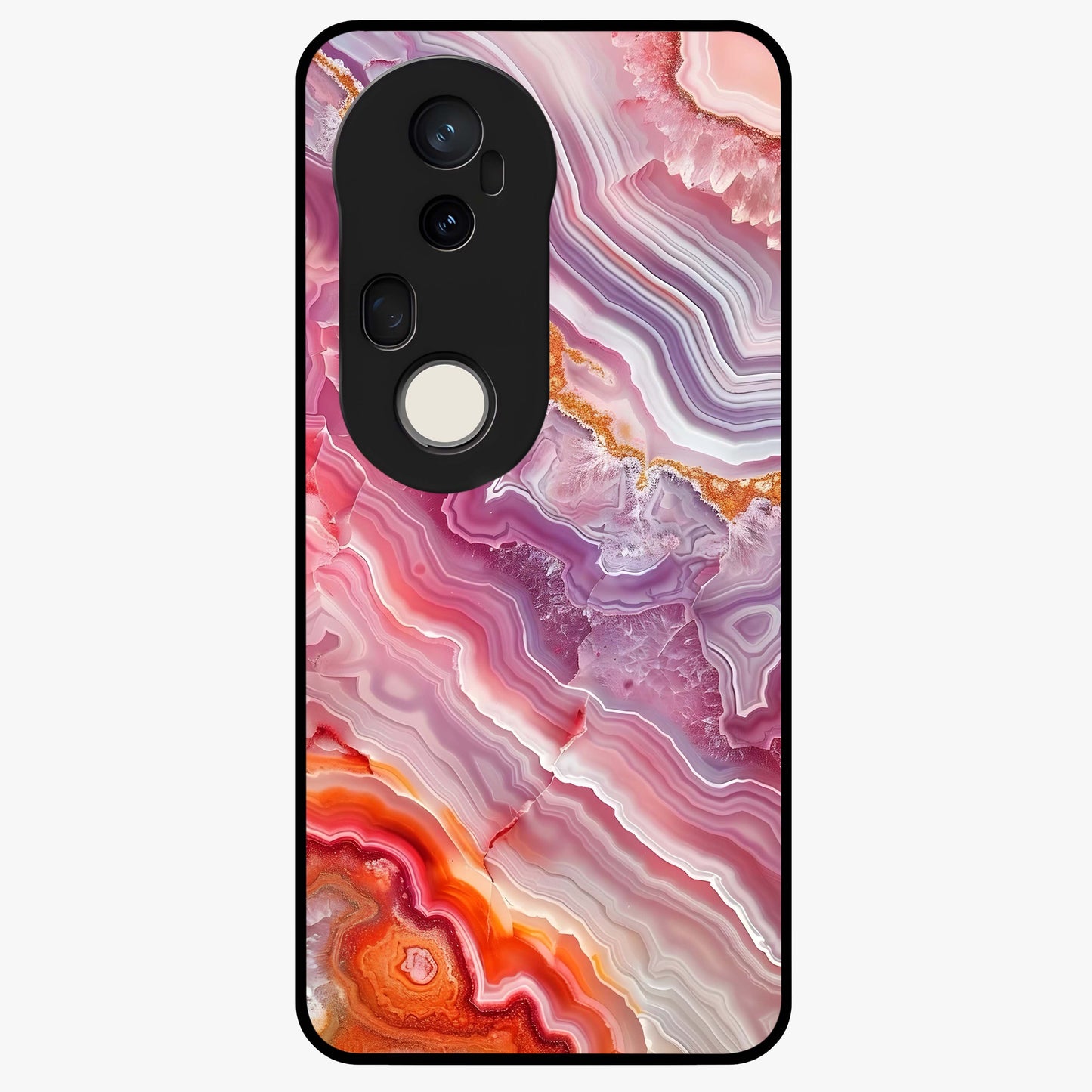Rose Quartz Marble Glass Case showing flat back view with pink marble quartz texture artwork and glossy glass finish.