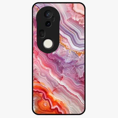 Rose Quartz Marble Glass Case showing flat back view with pink marble quartz texture artwork and glossy glass finish.