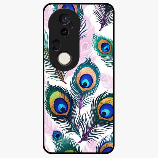 Royal Peacock Feathers Glass Case showing flat back view with colorful peacock feather artwork and glossy glass finish.