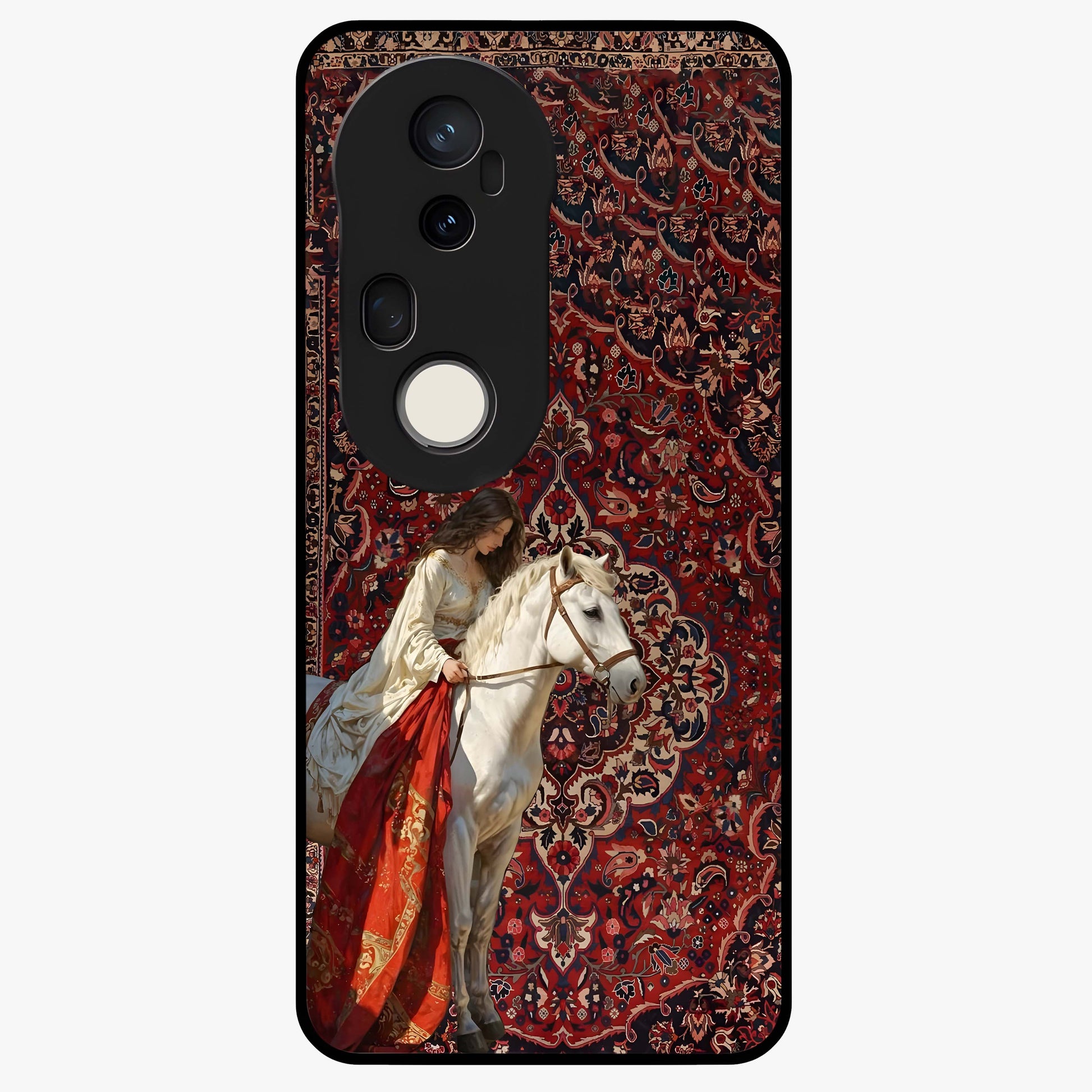 Royal Rider Tapestry Glass Case showing flat back view with majestic horse rider tapestry artwork and glossy glass finish.