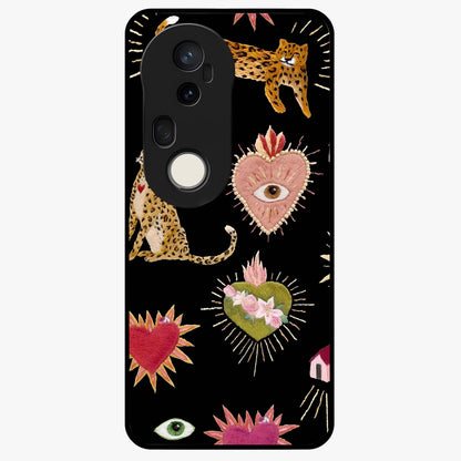 Sacred Jungle Heart Glass Case showing flat back view with jungle inspired heart artwork and glossy glass finish.