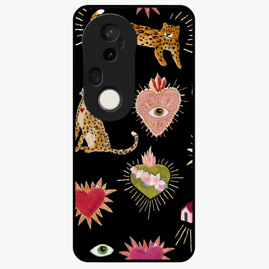 Sacred Jungle Heart Glass Case showing flat back view with jungle inspired heart artwork and glossy glass finish.