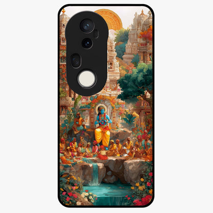 Sacred Sunlight Gods Glass Case showing flat back view with divine sunlight themed artwork and glossy glass finish.