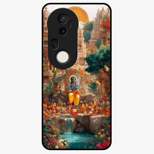 Sacred Sunlight Gods Glass Case showing flat back view with divine sunlight themed artwork and glossy glass finish.