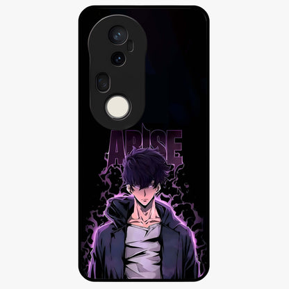Shadow Monarch Awakening Glass Case showing flat back view with powerful dark monarch themed artwork and glossy glass finish.