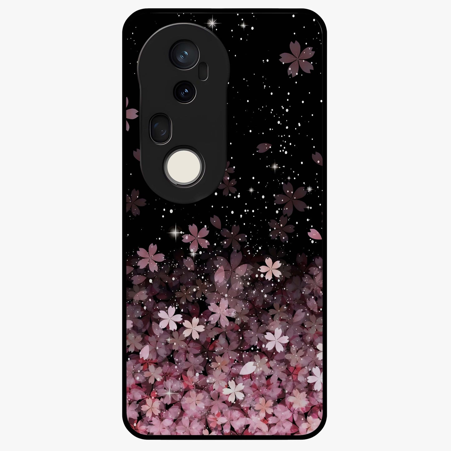 Small Starry Flowers Glass Case showing flat back view with delicate starry floral artwork and glossy glass finish.