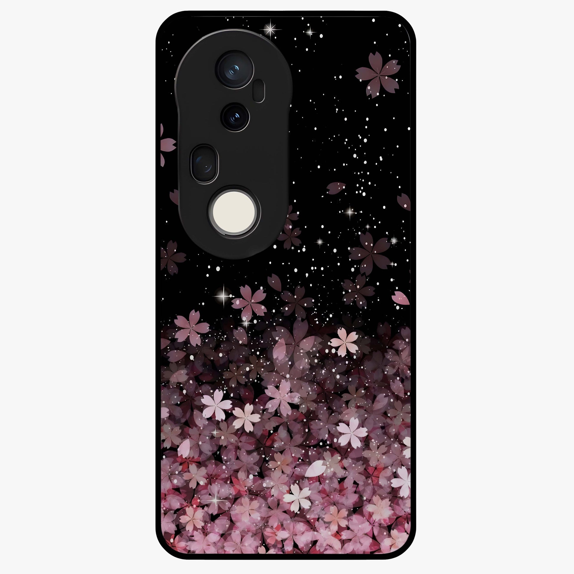 Small Starry Flowers Glass Case showing flat back view with delicate starry floral artwork and glossy glass finish.