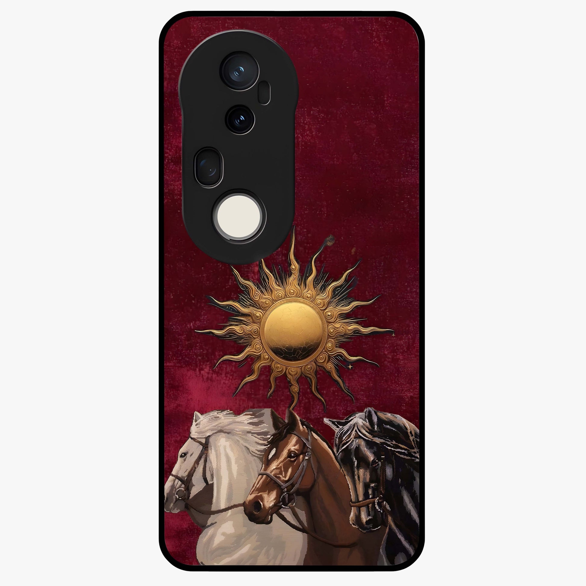 Solar Riders Glass Case showing flat back view with dynamic rider themed artwork and glossy glass finish.