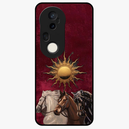 Solar Riders Glass Case showing flat back view with dynamic rider themed artwork and glossy glass finish.