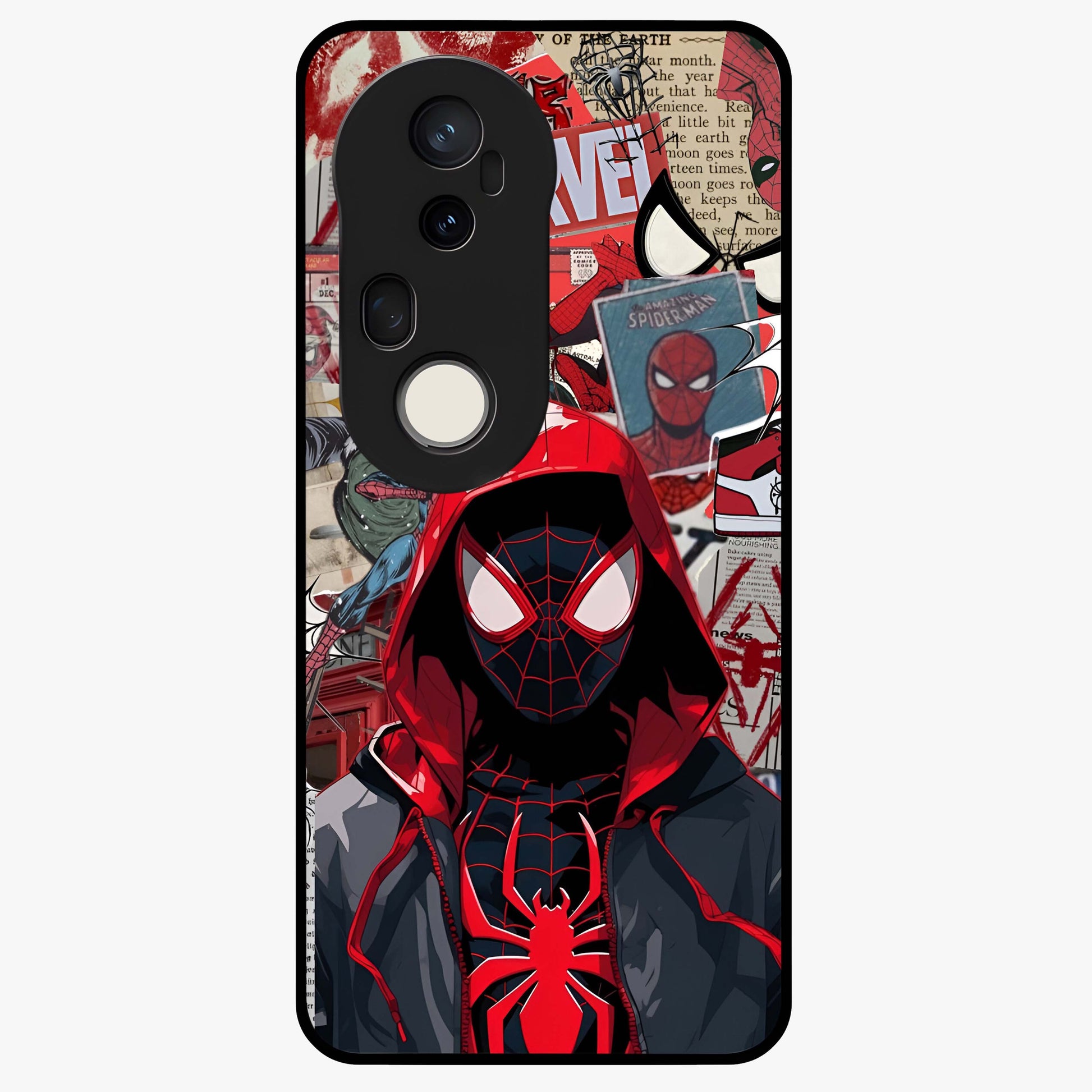 Spider Collage Street Glass Case showing flat back view with vibrant superhero collage artwork and glossy glass finish.