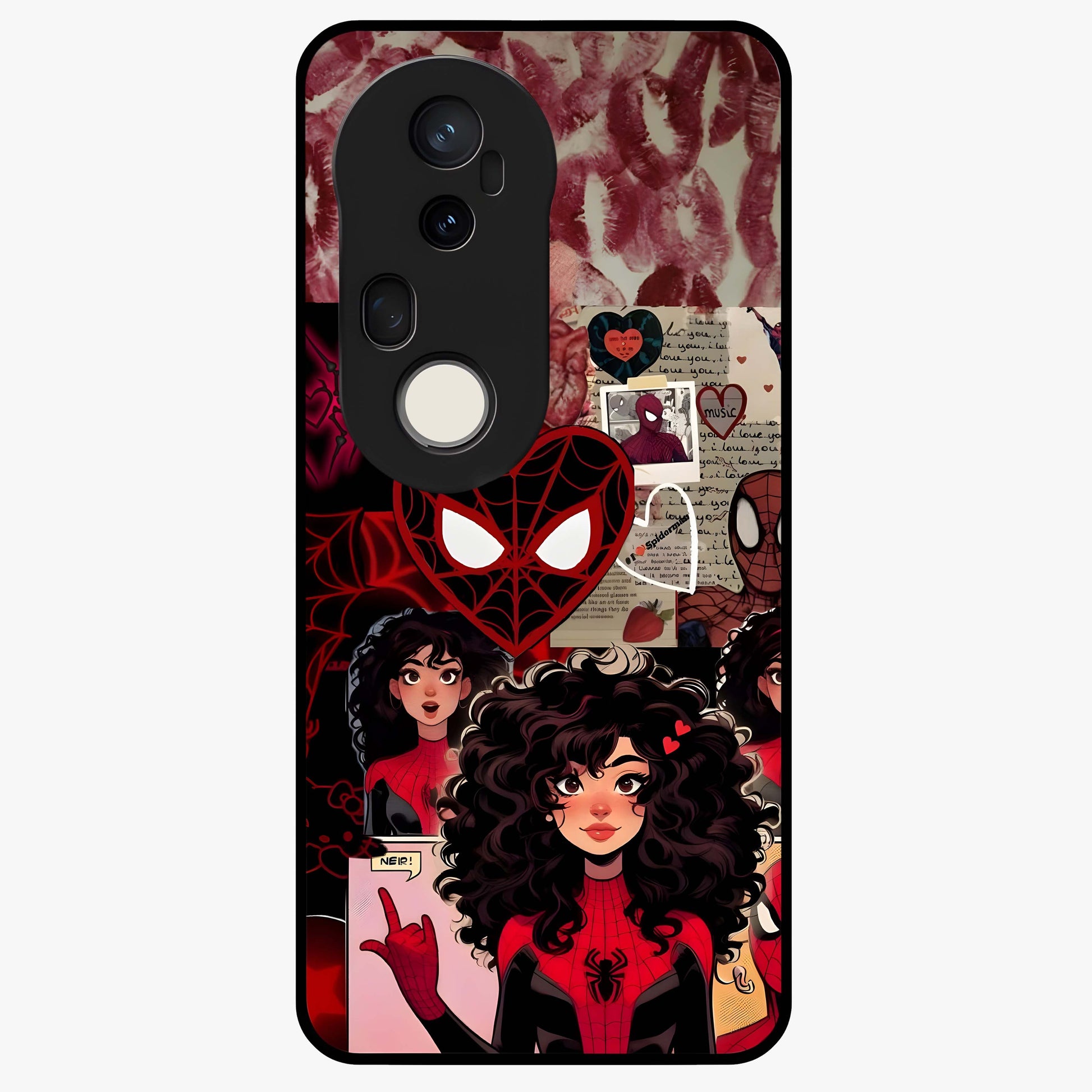 Spider Love Story Glass Case showing flat back view with romantic superhero themed artwork and glossy glass finish.