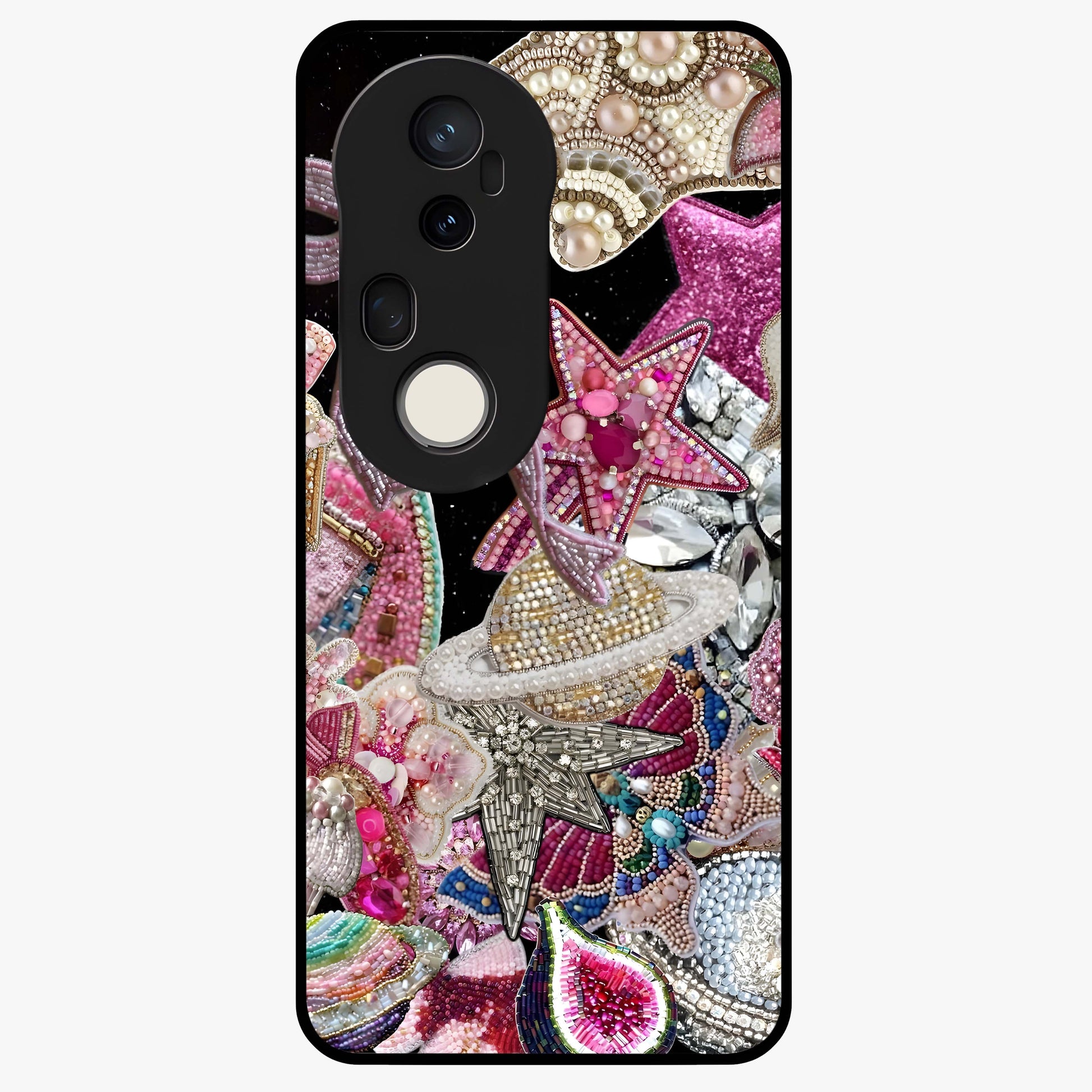 Starlit Jewel Dream Glass Case showing flat back view with sparkling jewel and star themed artwork and glossy glass finish.