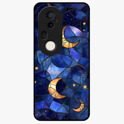 Starlit Sky Tapestry Glass Case showing flat back view with decorative starry sky tapestry artwork and glossy glass finish.