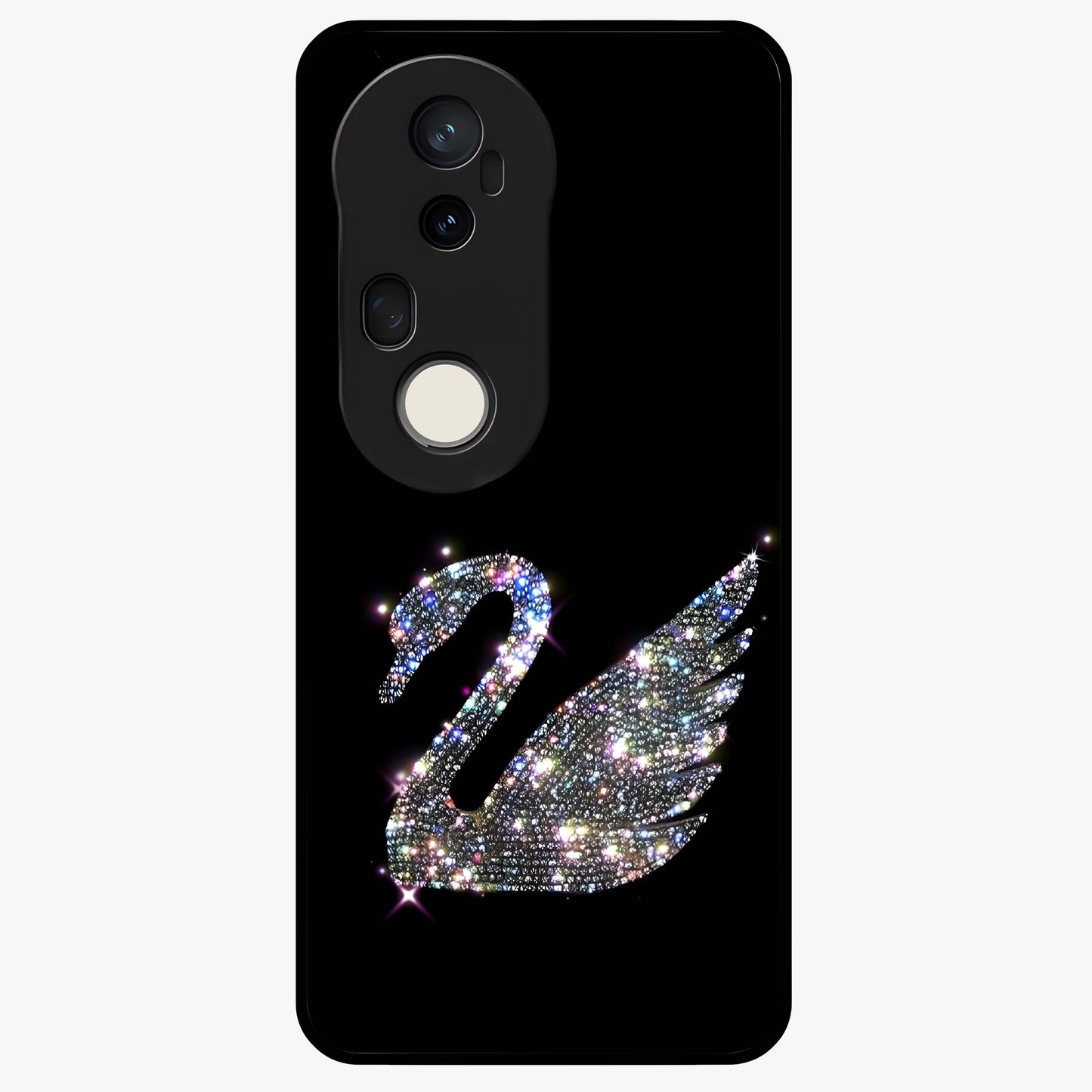 Starlit Swan Grace Glass Case showing flat back view with graceful swan artwork under starry sky and glossy glass finish.