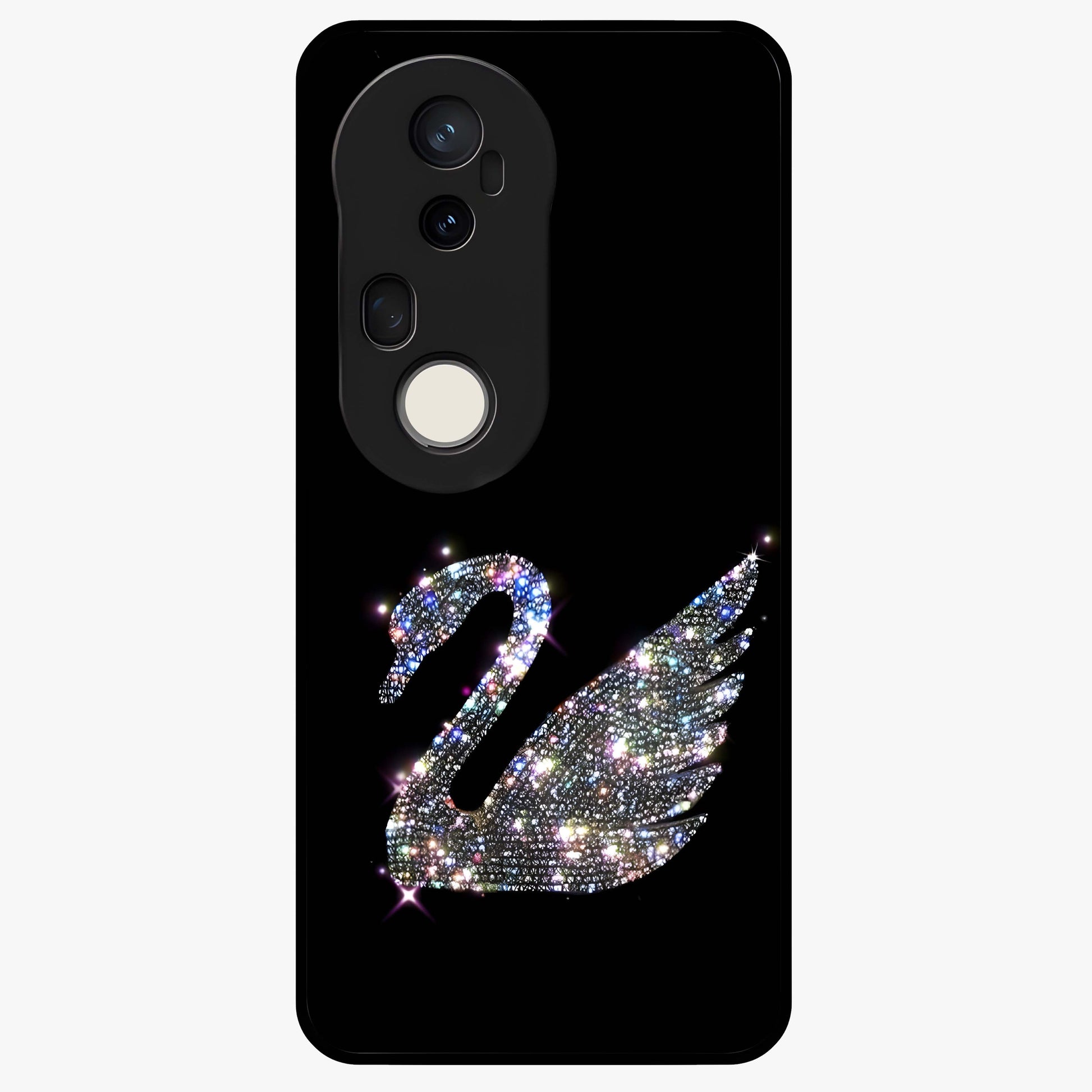 Starlit Swan Grace Glass Case showing flat back view with graceful swan artwork under starry sky and glossy glass finish.