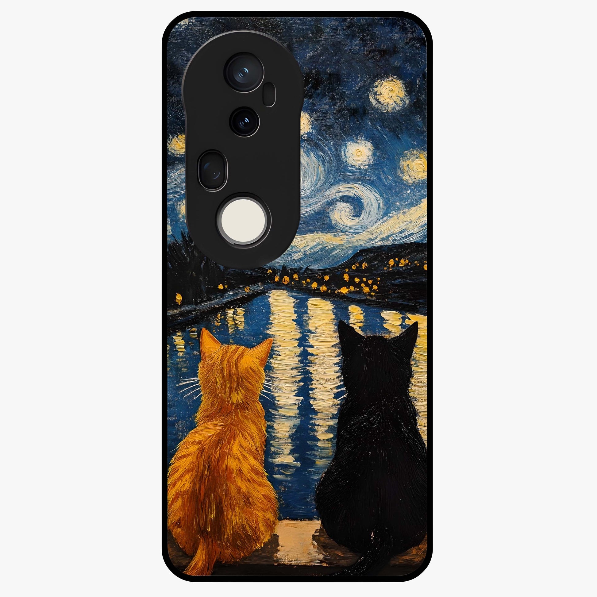 Starry River Cats Glass Case showing flat back view with cats by a starry river artwork and glossy glass finish.