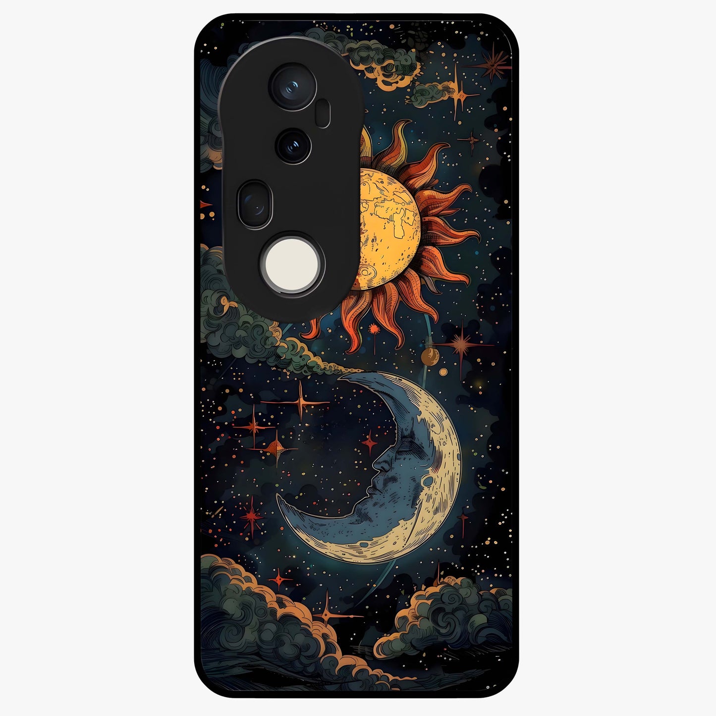 Sun And Moon Magic Design Glass Case showing flat back view with mystical sun and moon artwork and glossy glass finish.