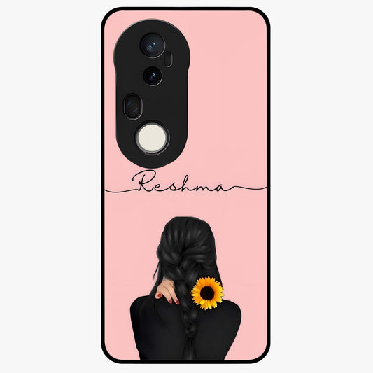 Sunflower Braid Beauty With Custom Name Glass Case showing flat back view with sunflower braid artwork and personalized name design.