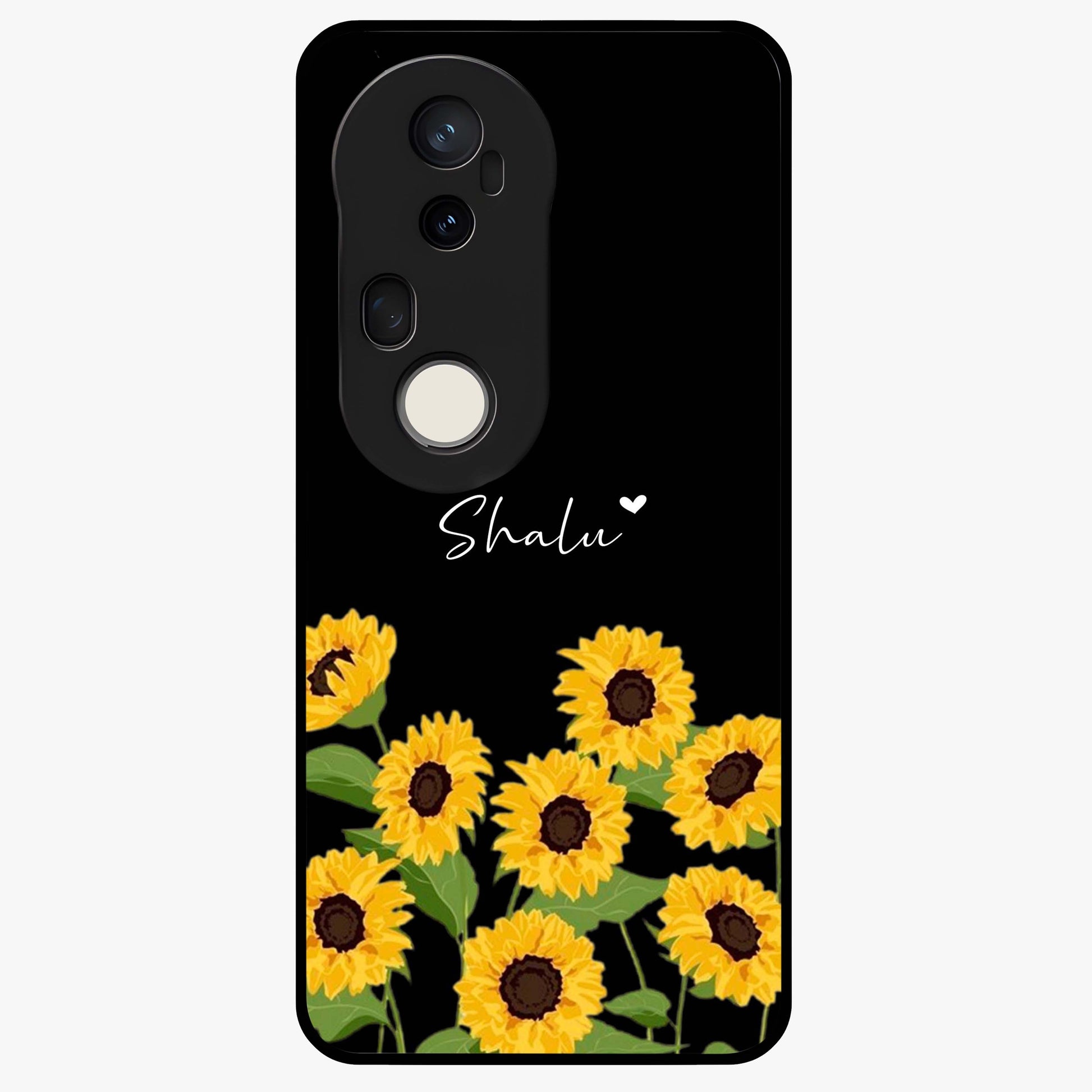 Sunflower Chic Mood Custom Name Glass Case showing flat back view with stylish sunflower artwork and personalized name design.