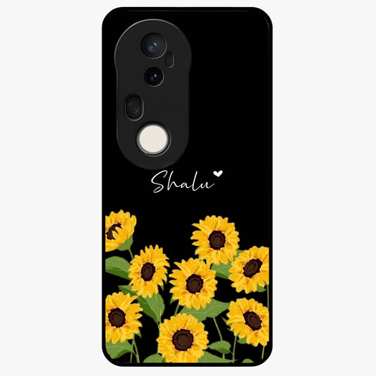 Sunflower Chic Mood Custom Name Glass Case showing flat back view with stylish sunflower artwork and personalized name design.
