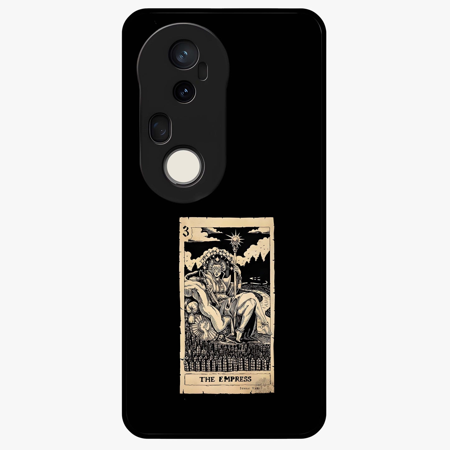 The Empress Glass Case showing flat back view with regal feminine artwork and glossy glass finish.