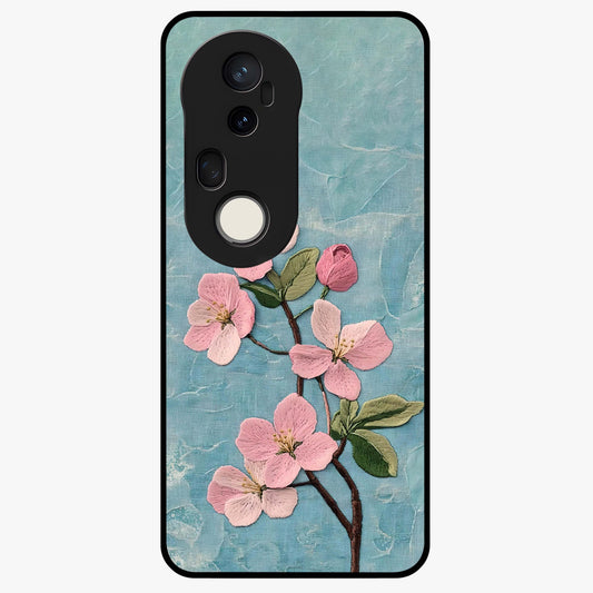 Threaded Blossom Breeze Glass Case showing flat back view with delicate blossom artwork and glossy glass finish.