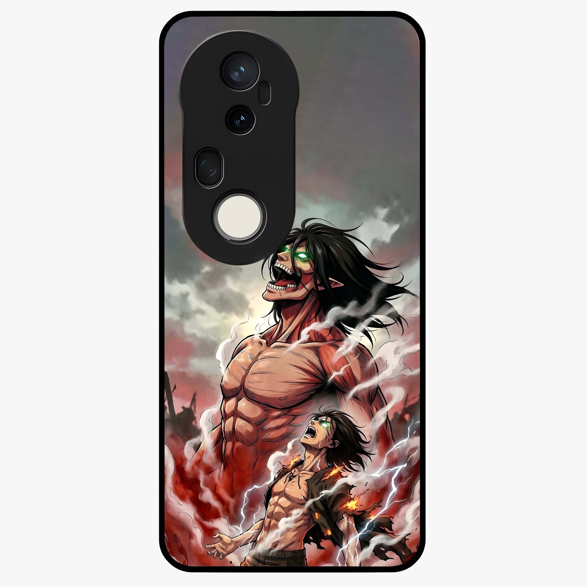 Titan Awakening Fury Glass Case showing flat back view with powerful titan inspired artwork and glossy glass finish.