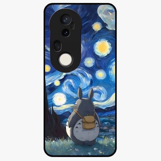 Totoro In Van Gogh Art Glass Case showing flat back view with whimsical character artwork inspired by Van Gogh style and glossy glass finish.