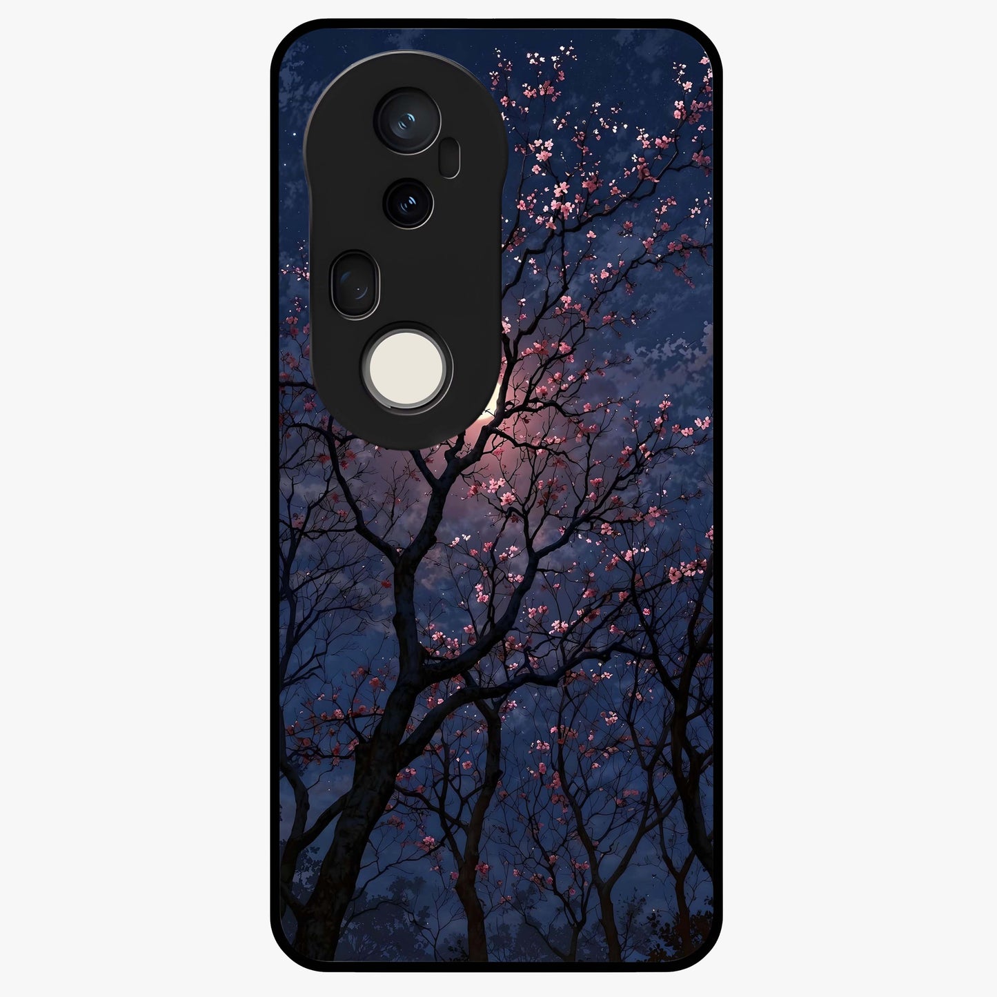 Twilight Sakura Serenade Glass Case showing flat back view with cherry blossom artwork at twilight and glossy glass finish.