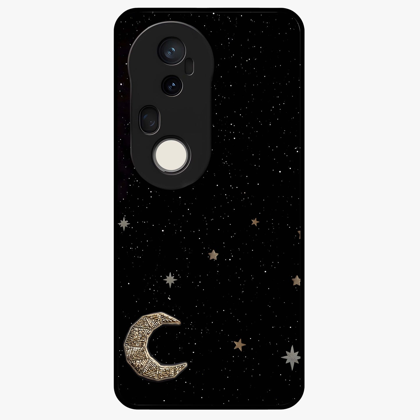 Twinkle Star With Half Moon Glass Case showing flat back view with star and half moon artwork and glossy glass finish.