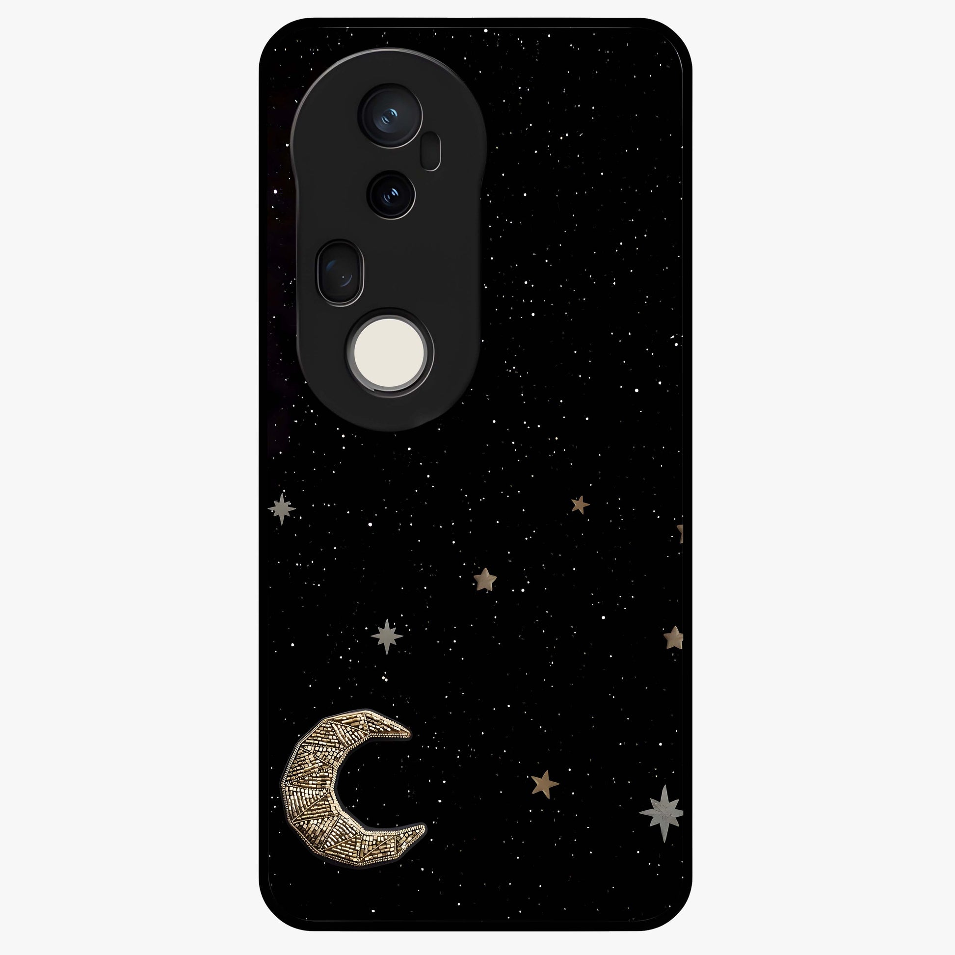 Twinkle Star With Half Moon Glass Case showing flat back view with star and half moon artwork and glossy glass finish.