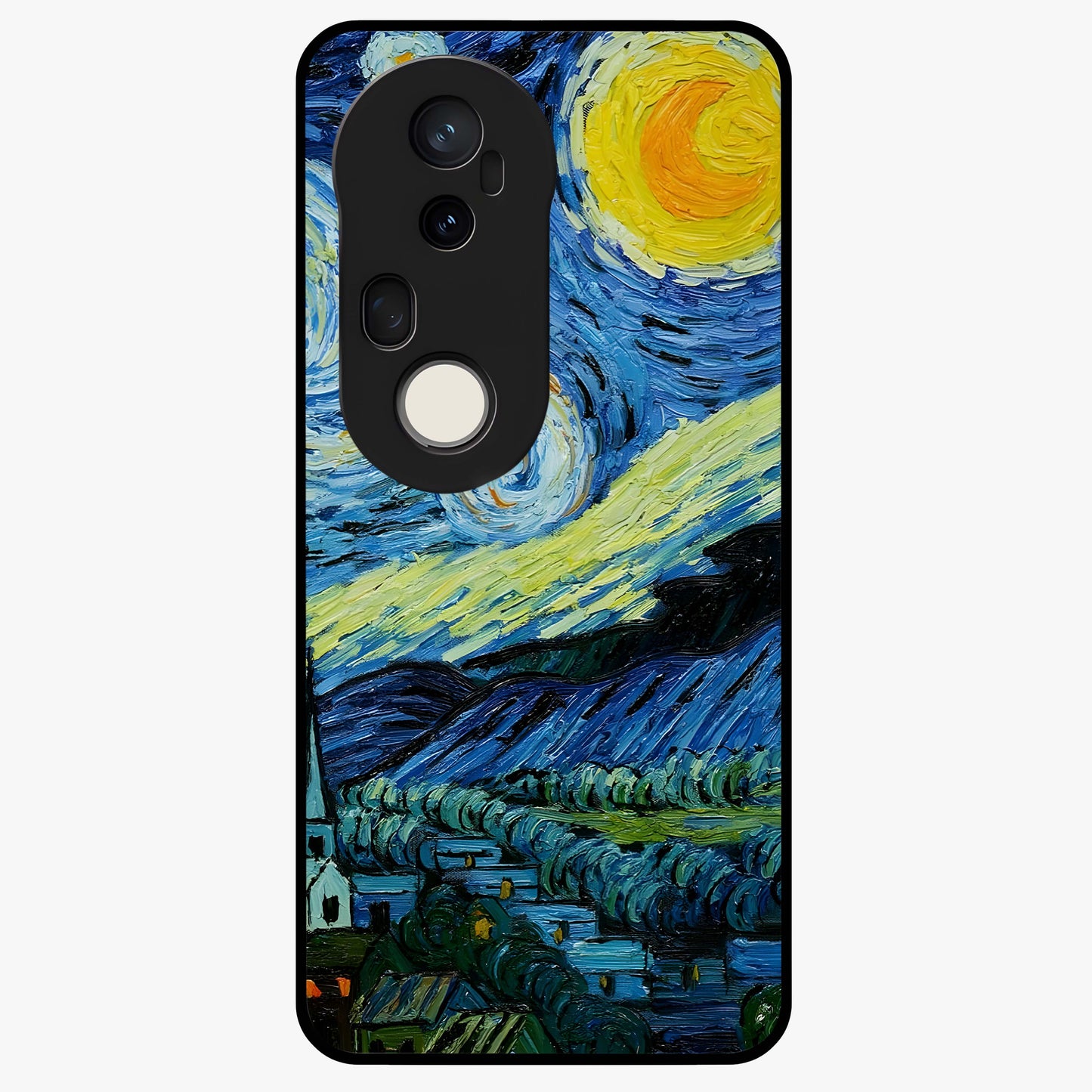 Van Gogh Art Glass Case showing flat back view with classic painterly artwork inspired by Van Gogh style and glossy glass finish.