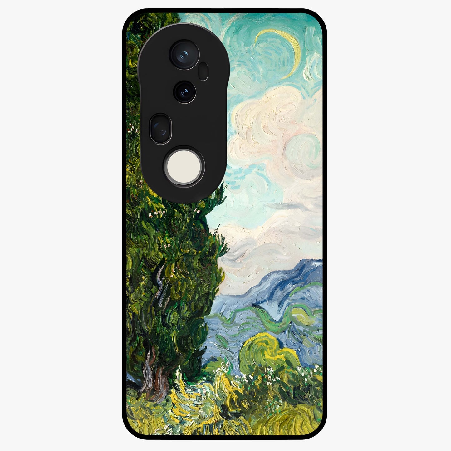 Van Gogh Vintage Art Glass Case showing flat back view with vintage painterly artwork inspired by Van Gogh style and glossy glass finish.