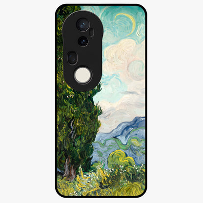 Van Gogh Vintage Art Glass Case showing flat back view with vintage painterly artwork inspired by Van Gogh style and glossy glass finish.