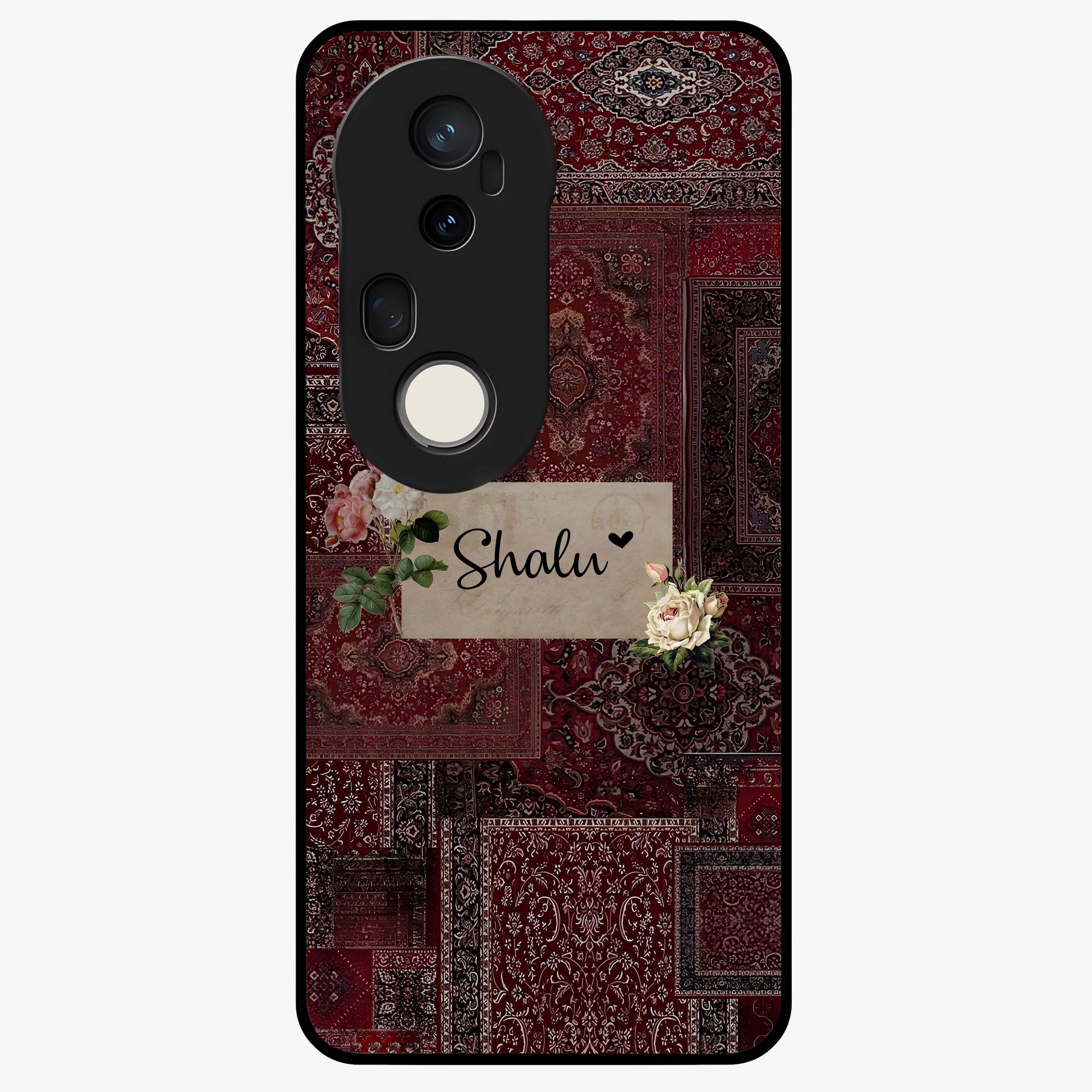 Velvet Wine Pattern Custom Name Glass Case showing flat back view with elegant wine colored pattern artwork and personalized name design.