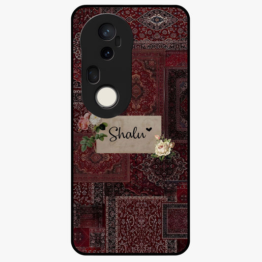 Velvet Wine Pattern Custom Name Glass Case showing flat back view with elegant wine colored pattern artwork and personalized name design.