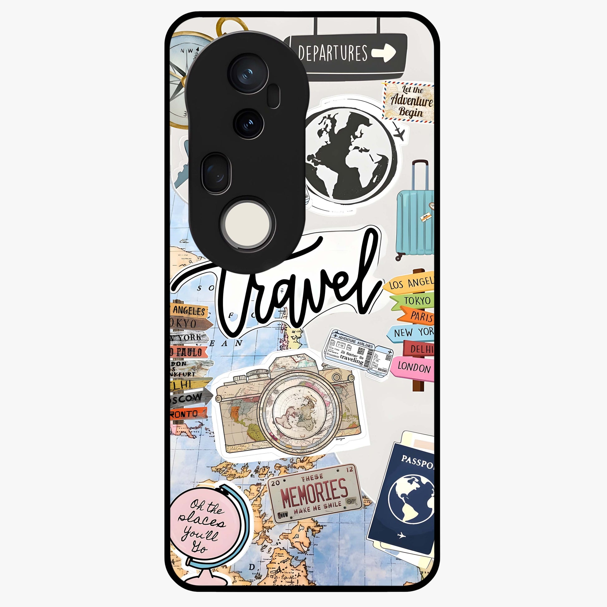 Wanderlust Journal Glass Case showing flat back view with travel inspired artwork and glossy glass finish.