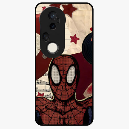 Web Warrior Vibes Glass Case showing flat back view with superhero inspired web themed artwork and glossy glass finish.