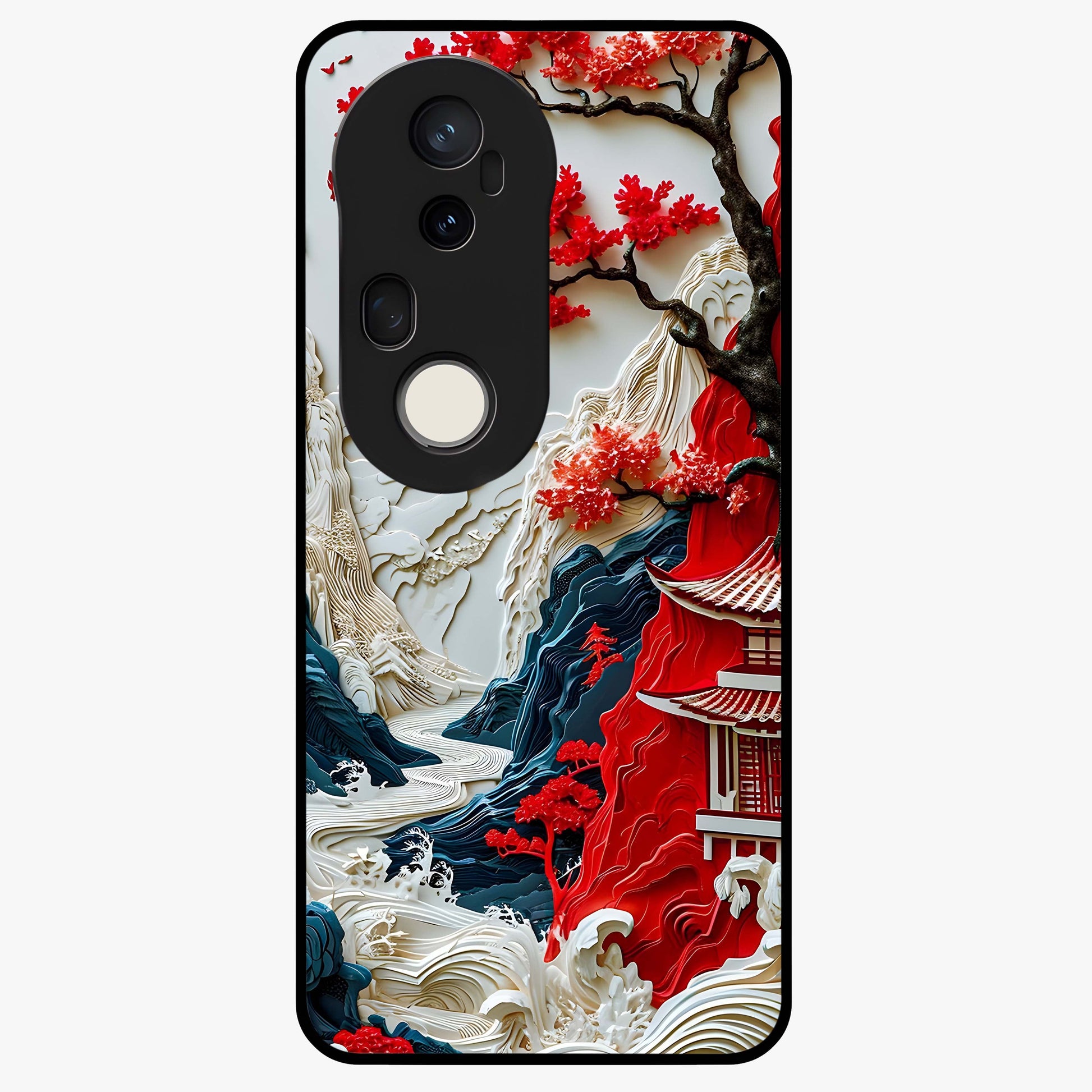 Whispers Of Sakura Waves Glass Case showing flat back view with cherry blossom wave artwork and glossy glass finish.