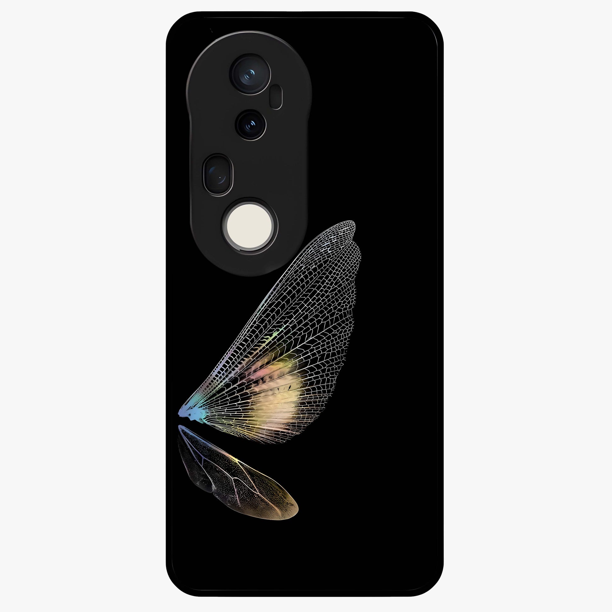 Whispers Of Wings Glass Case showing flat back view with graceful wing inspired artwork and glossy glass finish.