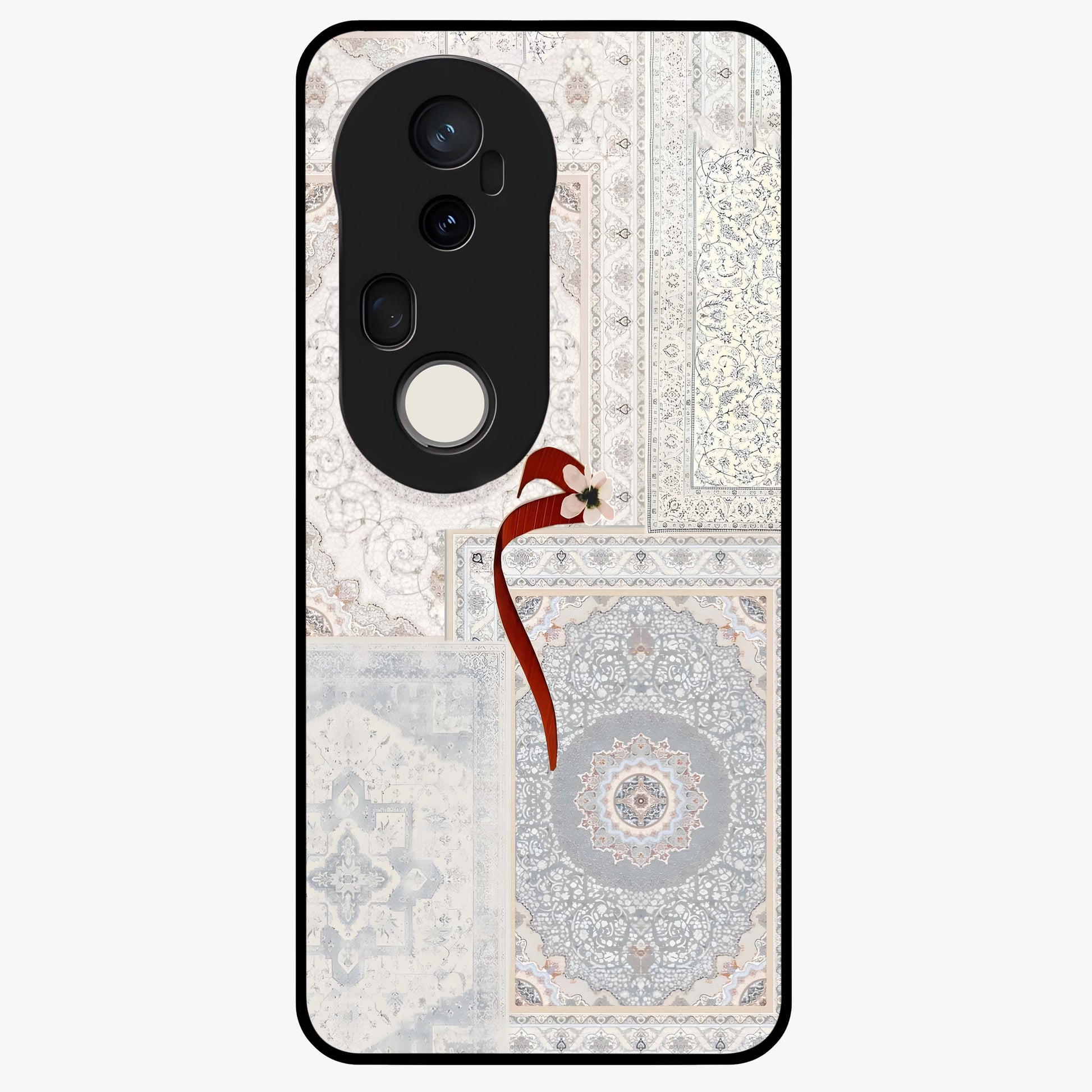 White Aesthetic Bow Glass Case showing flat back view with minimal bow artwork and glossy glass finish.