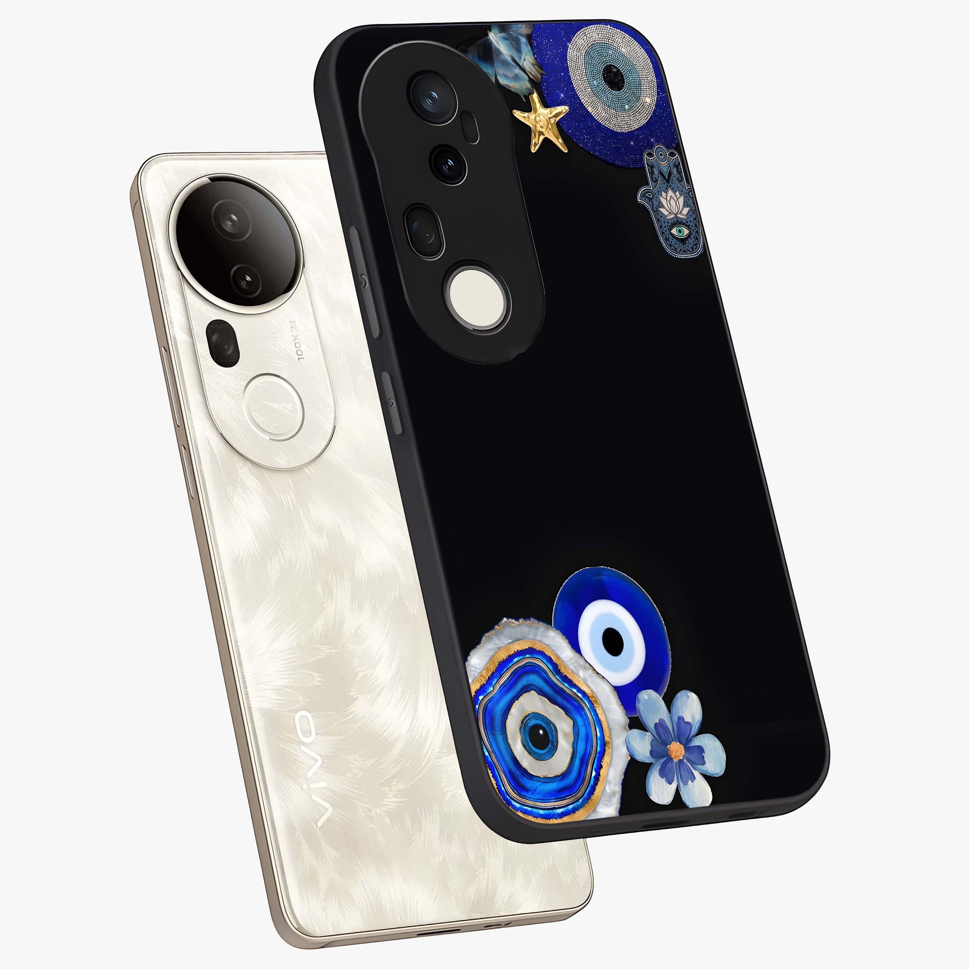 Aesthetic Blue Evil Eye Glass Case displayed in angled mockup highlighting blue evil eye symbol and spiritual aesthetic design.