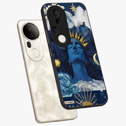 Aesthetic Lord Shiva Glass Case displayed in angled mockup highlighting spiritual Shiva illustration and sacred aesthetic design.